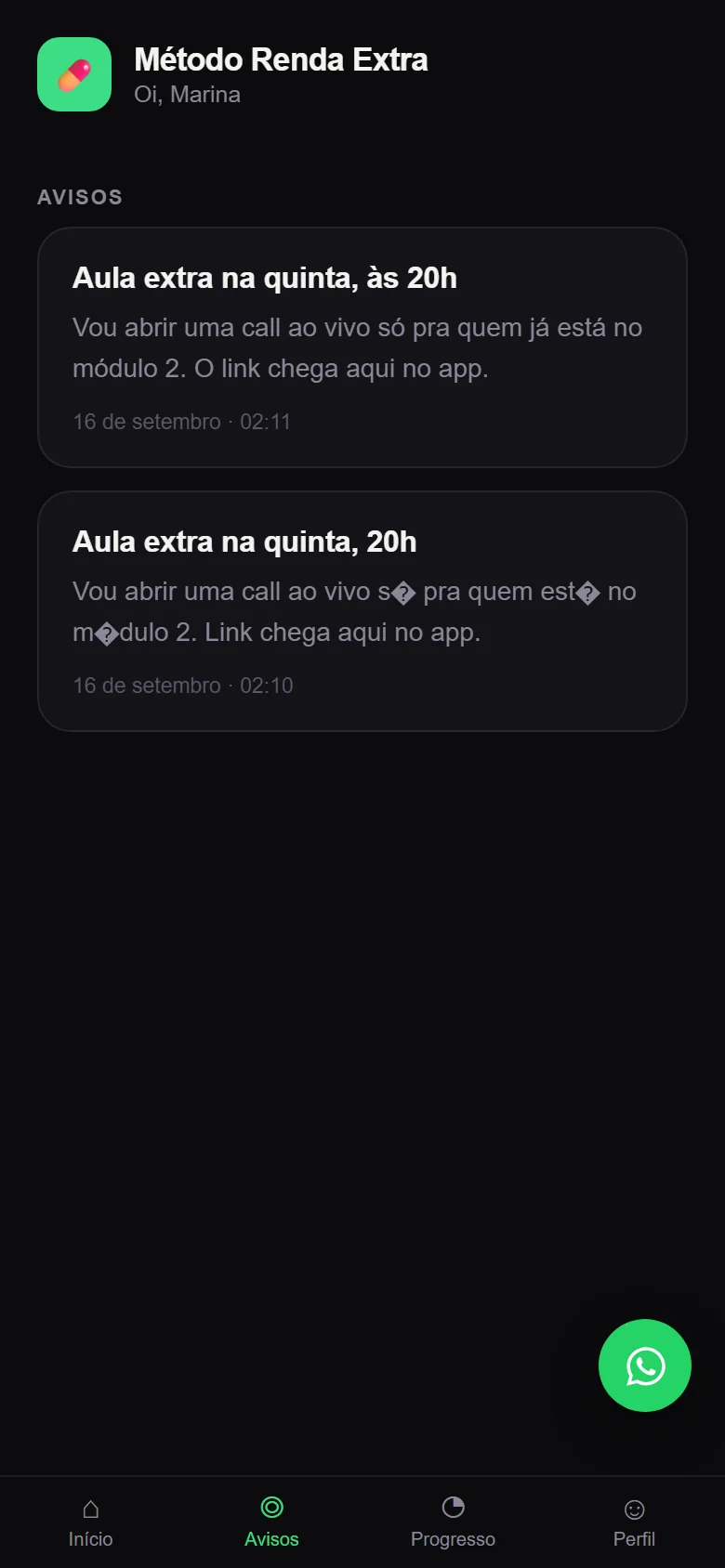 Feed de avisos dentro do app