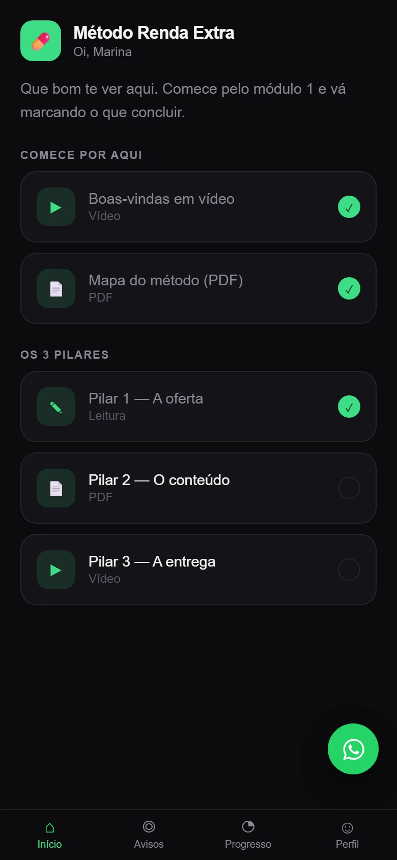 App do aluno com os módulos do curso