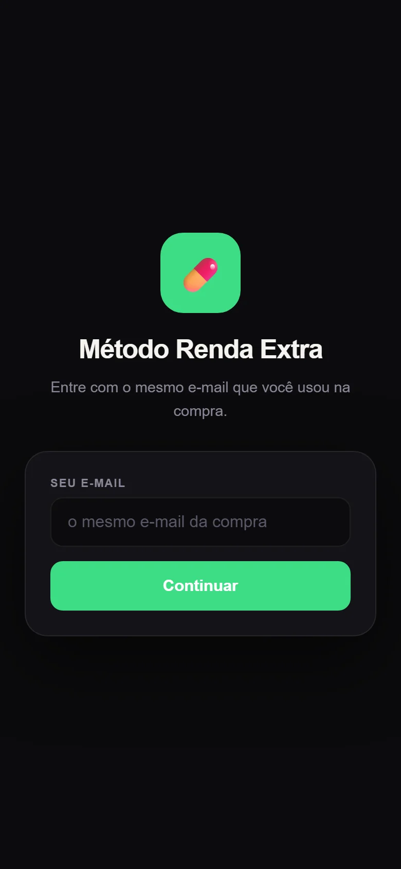 Tela de entrada do app, onde o aluno digita o e-mail da compra