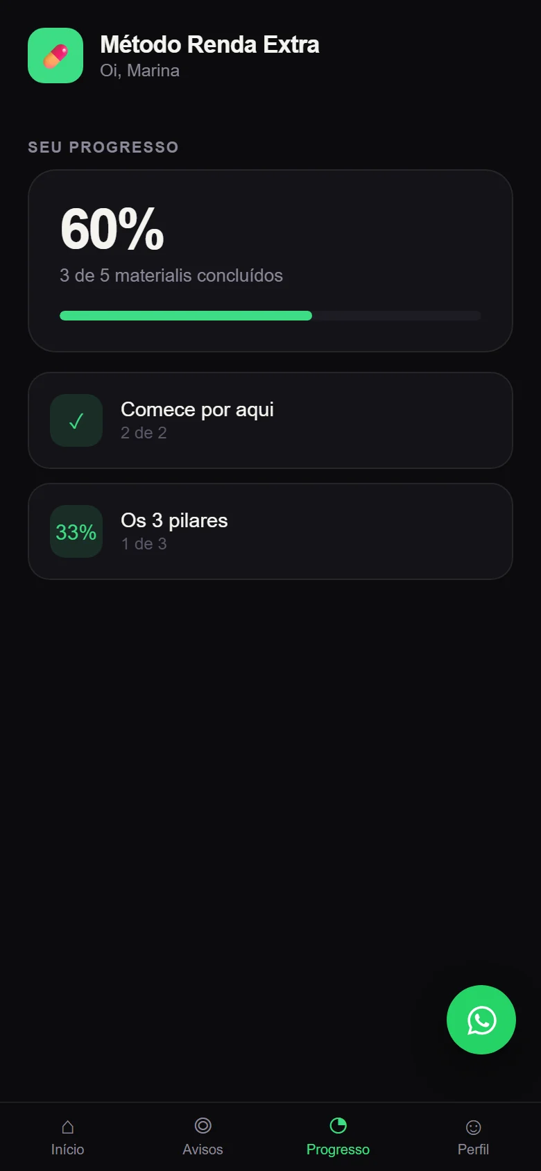 Tela de progresso do aluno